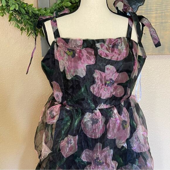 NWOT Lulus Valiant Charmer Black Floral Print Tie-Strap Tiered Midi Dress - Picture 3 of 9